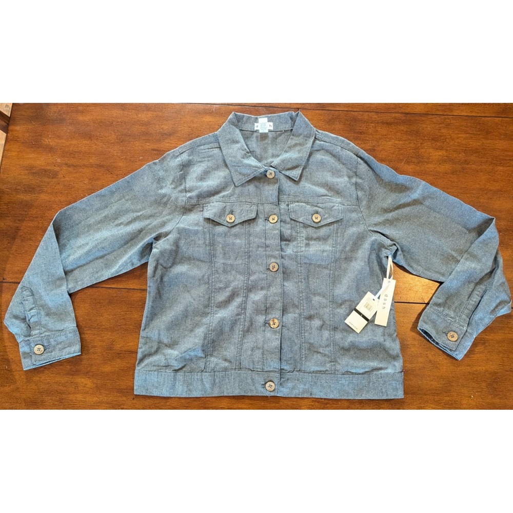 DASH Size L Indigo Chambray Linen Blend Button Down Shacket Jacket Blue NWT